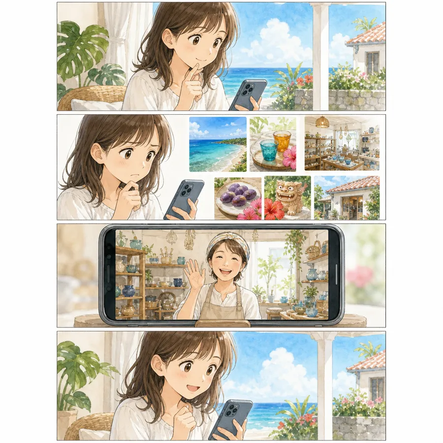 お客様が動画でお店の雰囲気を知って安心する4コマ漫画